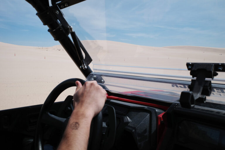 Hand on the steering wheel of a Dune Buggy overlooking distant sand dunes.