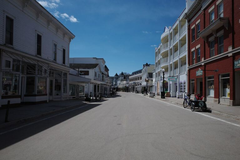 View down an empty Main Street in April on Mackinac Island.