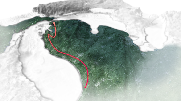 Map of Michigan with red line tracing Brendan’s path along the western shore of Lake Michigan, from near the Ohio border up to Mackinac Island.