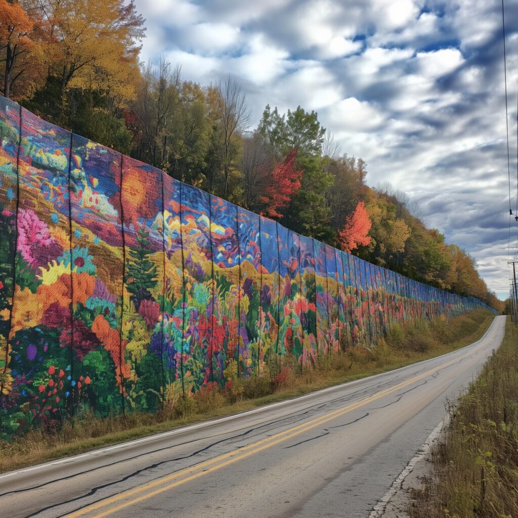 Image of a highway with trees and a wall featuring bright multicolor mural stretches along the roadside.