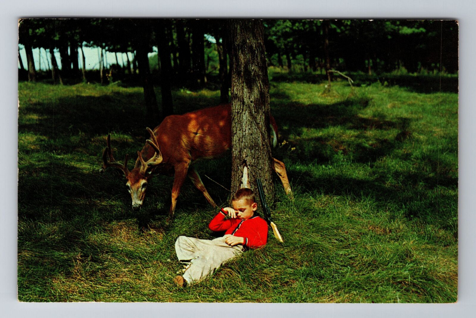 Little boy in a meadow with a toy rifle resting in front of a tree. A whitetail deer looks over his shoulder.