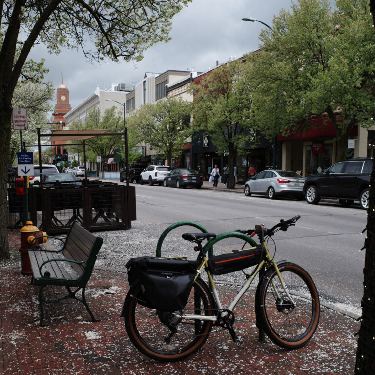 Bicycle on street overlooking downtown Traverse City.