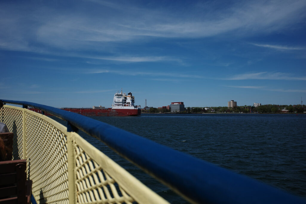 View of freighter heading towards the locks.