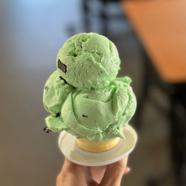 Mint chip ice cream in cone with plastic safety guard.