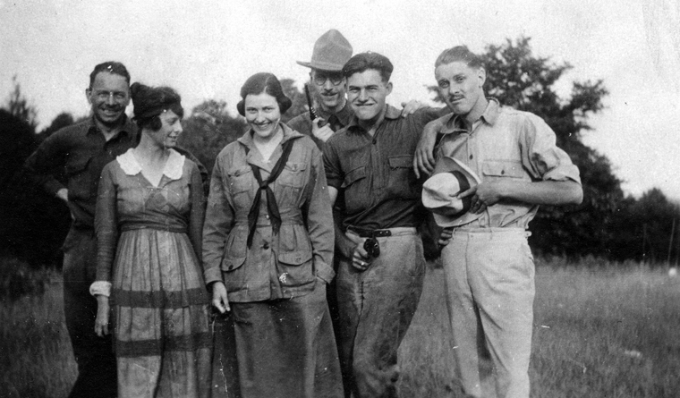 Ernest Hemingway and friends and relatives in Michigan in 1920.