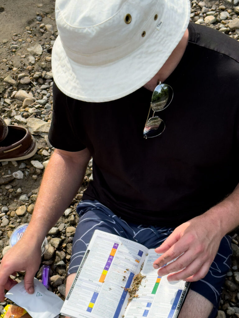 Man rolling blunt on fishing guide.