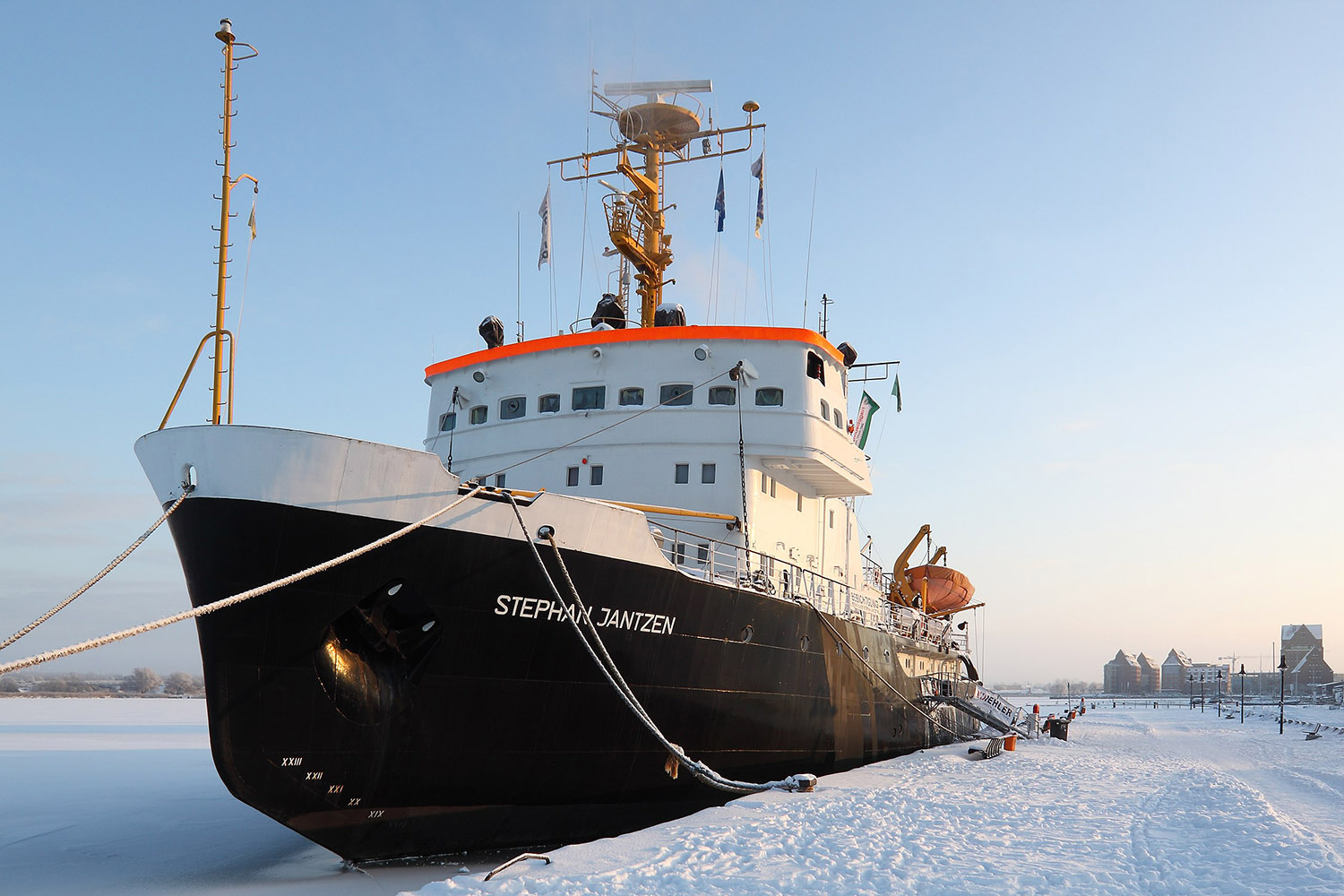 Icebreaker ship "Stephan Jantzen" moored in ice.