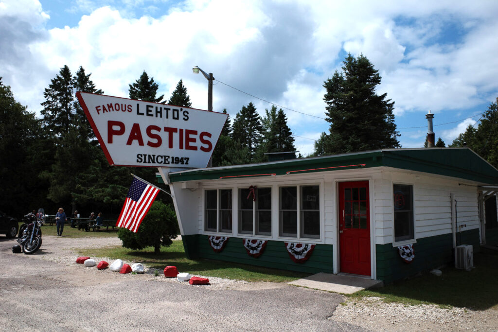 Restaurant with sign reading "Famous Lehto's Pasties Since 1947."