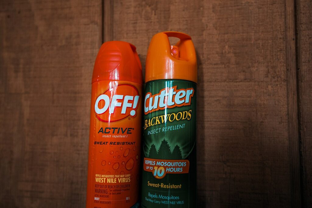 Off Active and Cutter Backwoods Insect Repellent spray bottles.