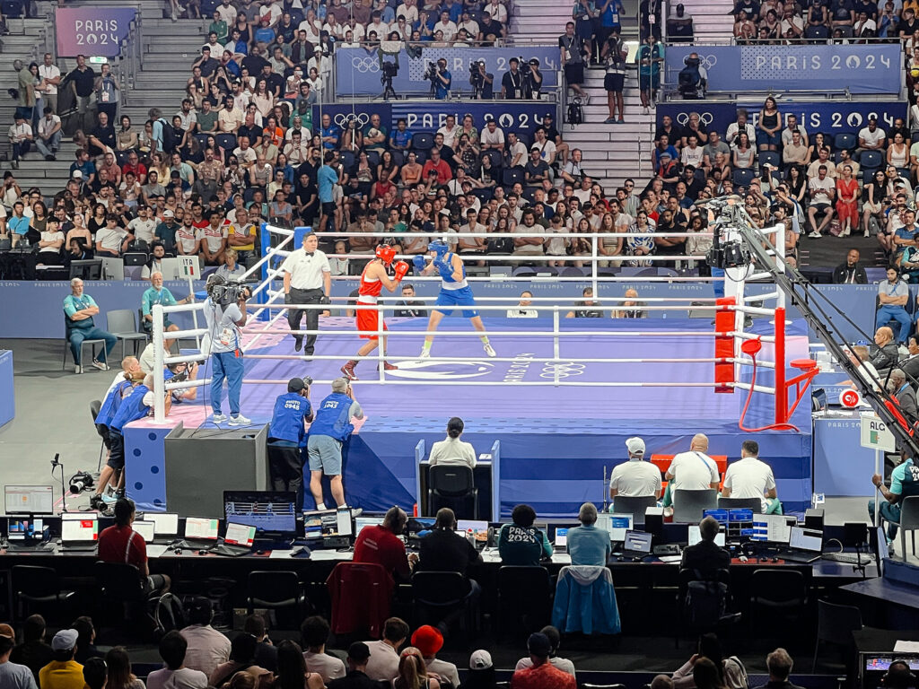 Boxing event with Angela Carini and Imane Khelif at the 2024 Olympic Games, Paris Nord arena, Villepinte in Seine-Saint-Denis.