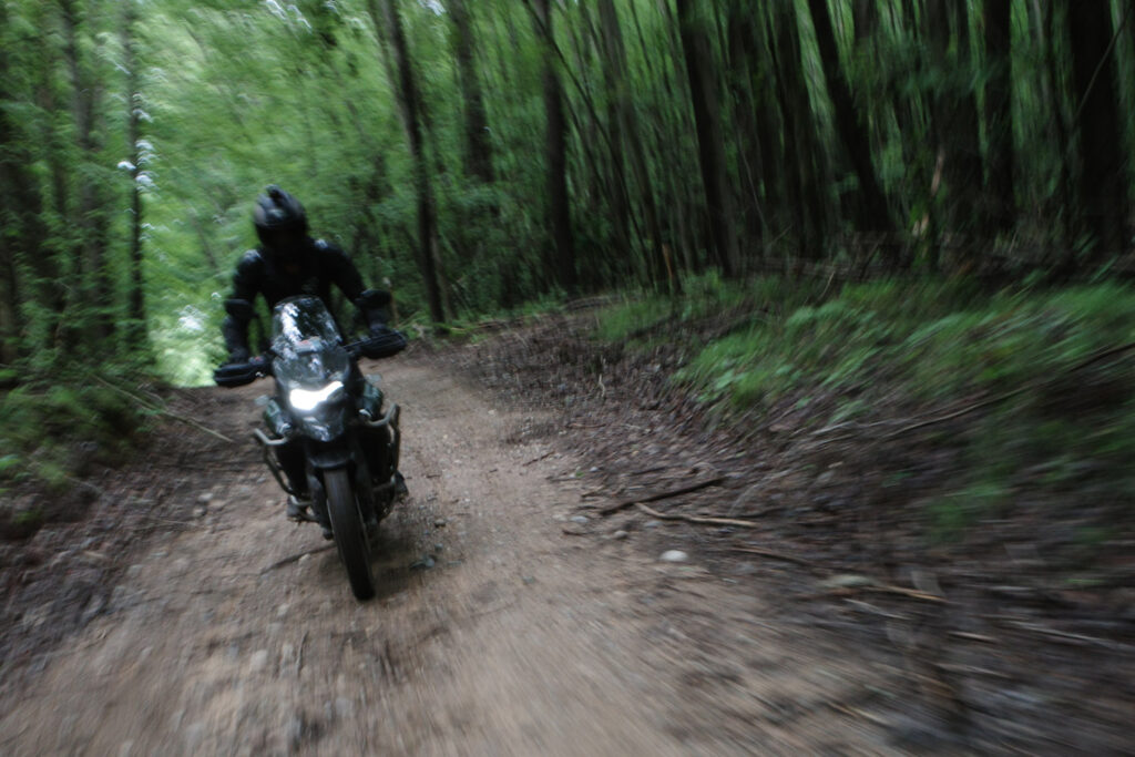 Man speeding down trail on motorcycle, with motion blur in photograph.