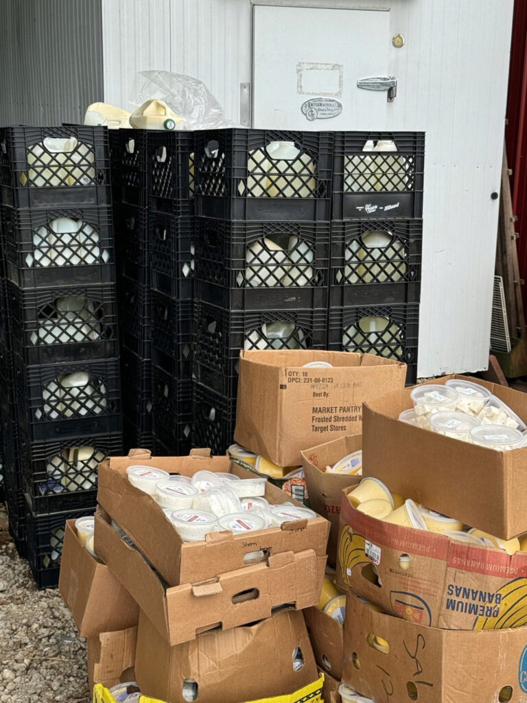 Pile of discarded raw milk products sitting in garbage.