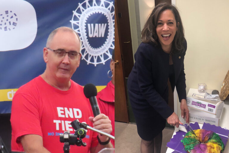 Sean Fain in red UAW shirt speaking in public and second photo added next to it of Kamala Harris cutting a cake and laughing.