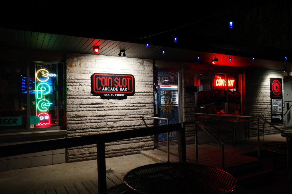 Exterior of the Coin Slot with sign reading "Coin Slot Arcade Bar"