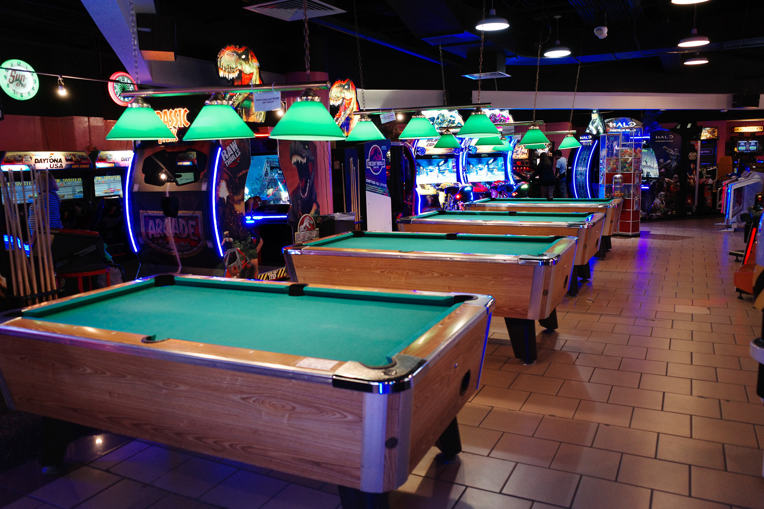 Pool tables in arcade.