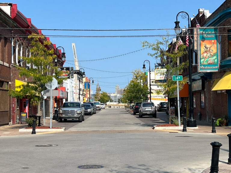 View of street in Detroit's Mexicantown.