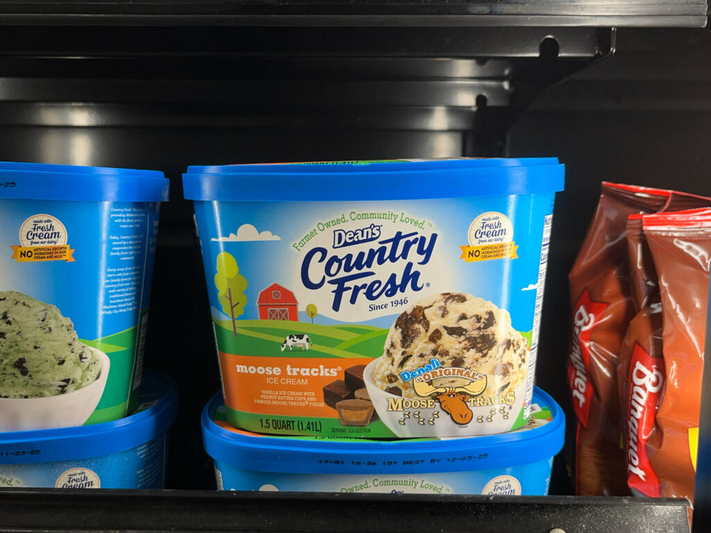 Dean's Country Fresh moose tracks ice cream, a "Denali Original" in grocery store freezer.