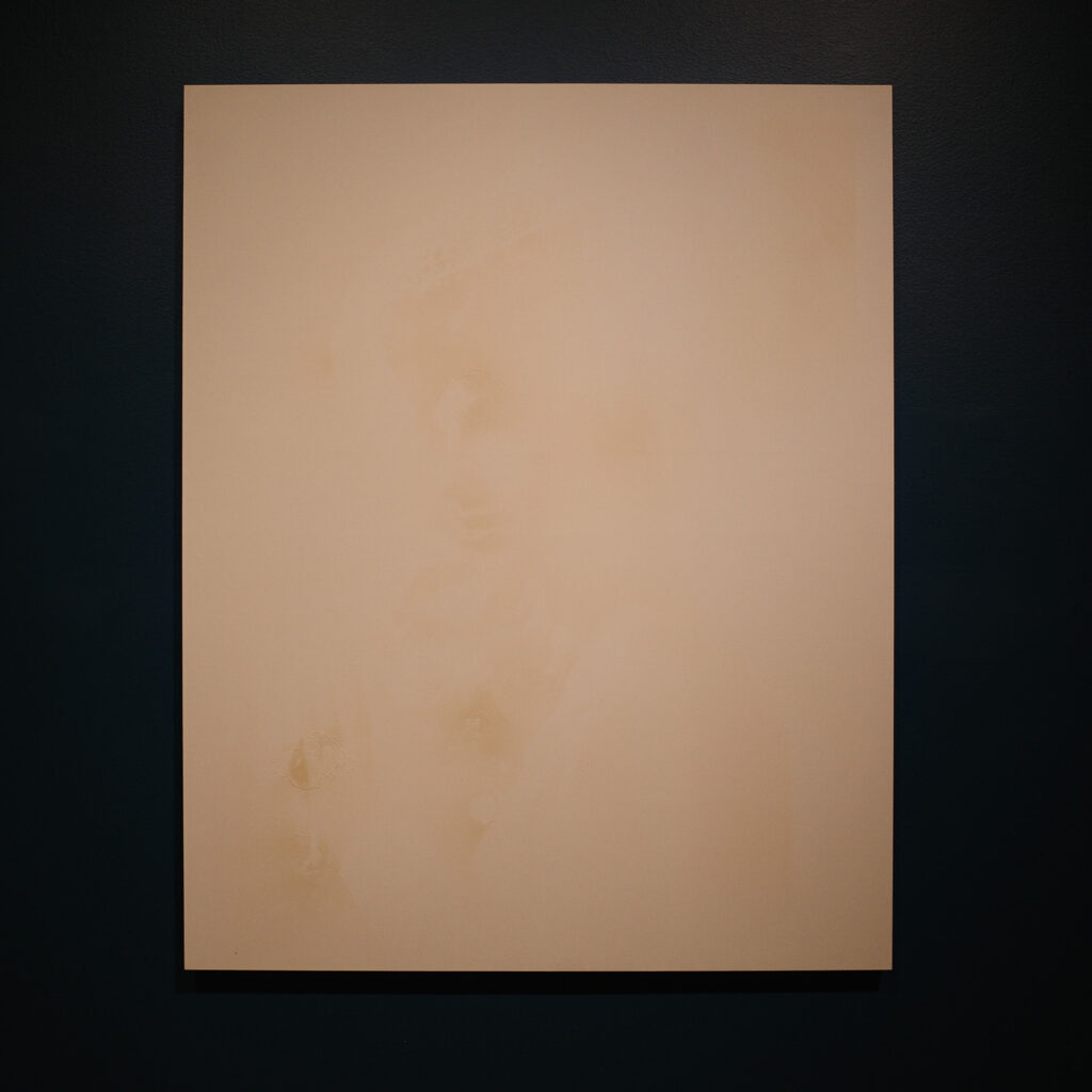 Nicotine stained canvas painting, with loose figure of a woman visible.