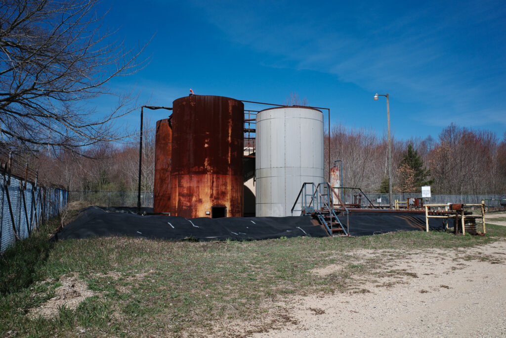 Oil storage tanks.