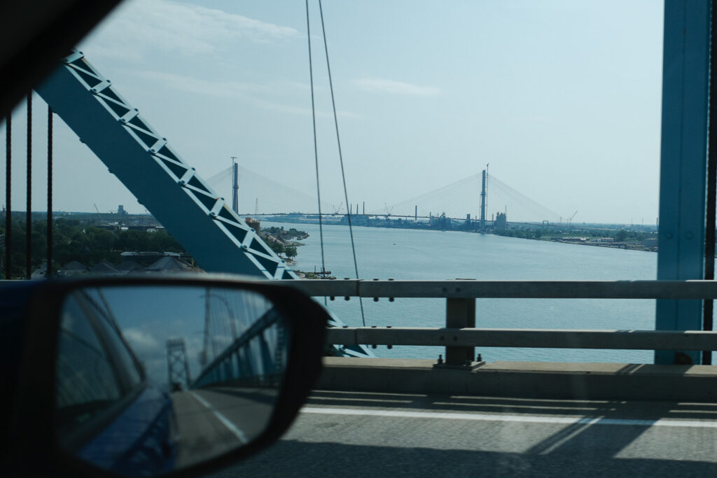 View of Gordie Howe bridge under construction from the Ambassador Bridge.