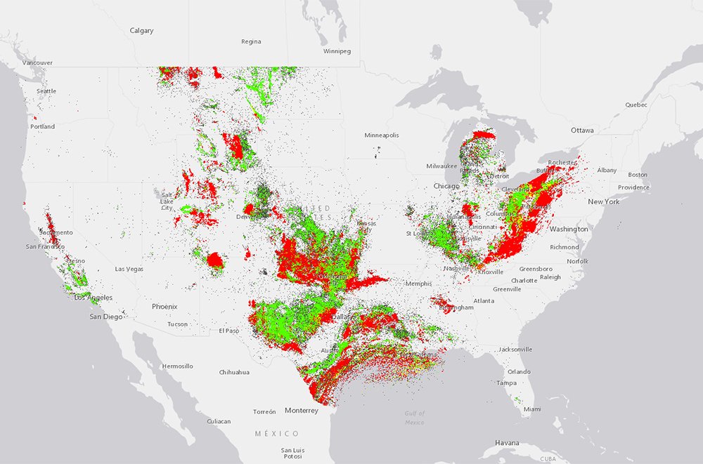 Map of oil and gas concentrations in the USA.