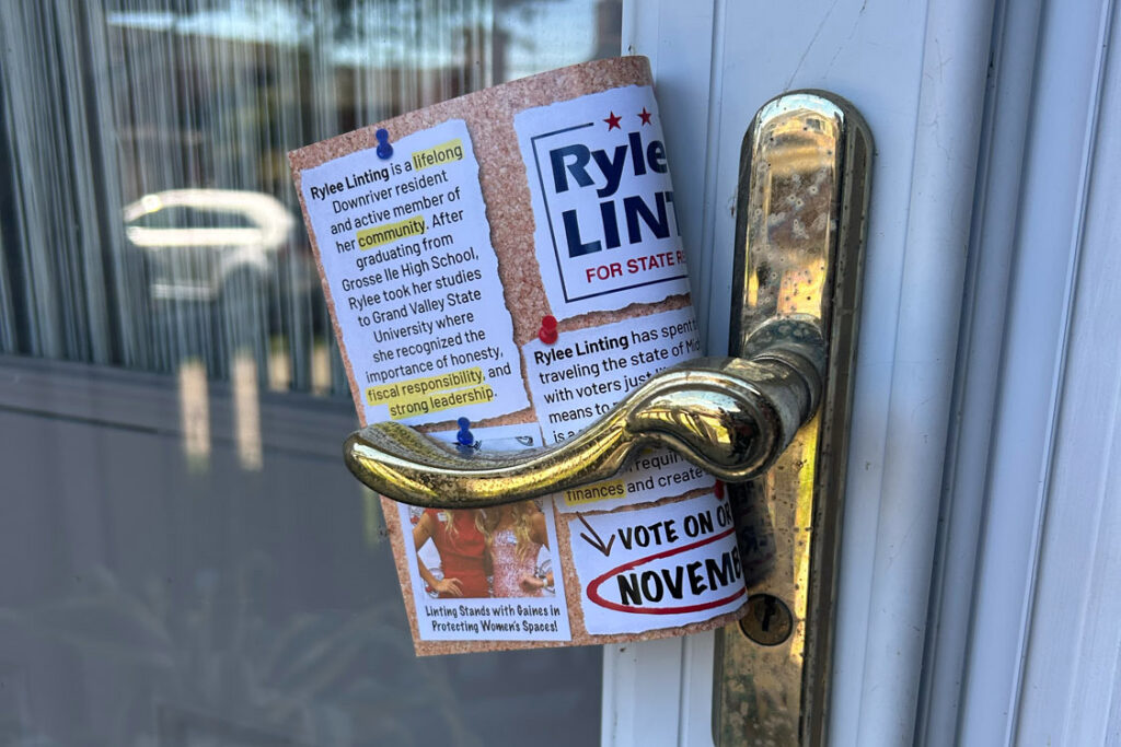 Rylee Linting campaign materials with hand written details tucked into door knob