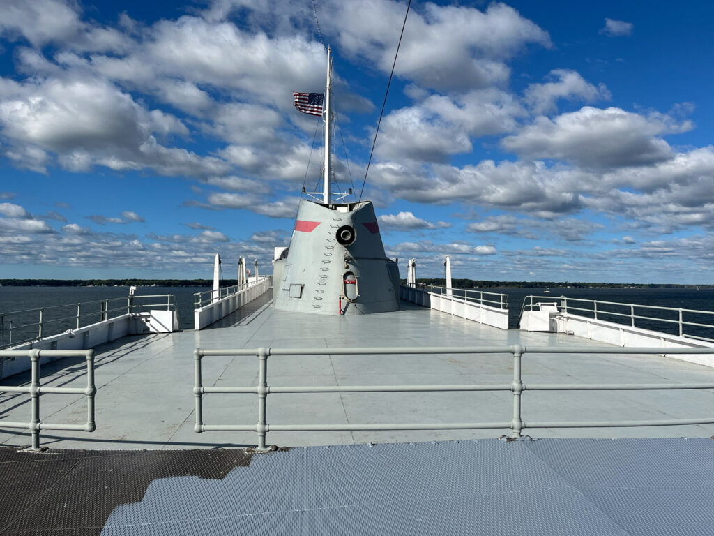 View from boat with flag