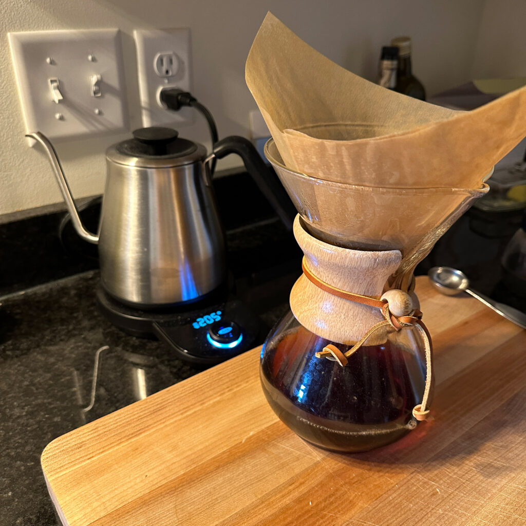 Chemex brewing carafe with electric kettle.