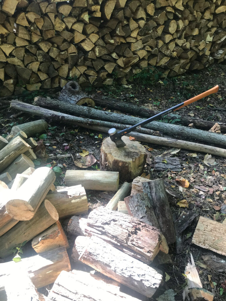 Axe in a wood stump next to pile of cut logs.