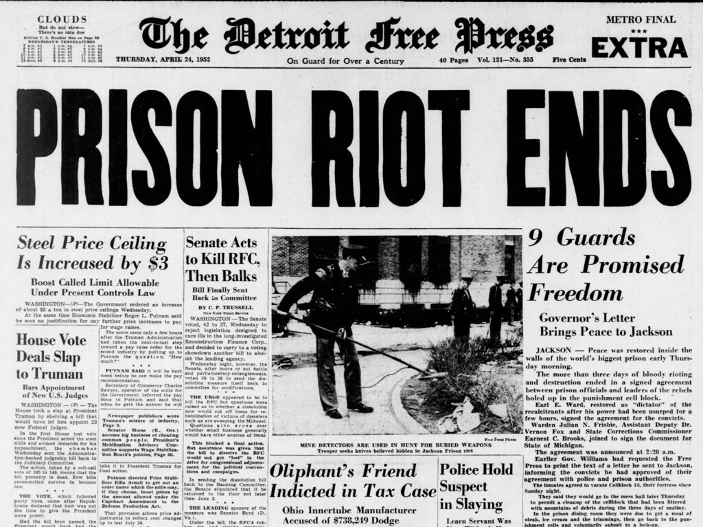 Detroit Free Press clipping reading "Prison Riot Ends"