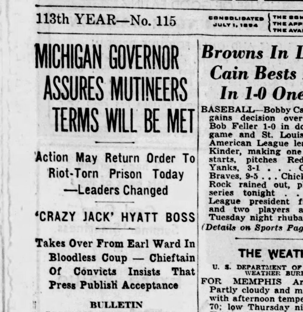 Newspaper clipping with headline "Michigan Governor Assures Mutineers terms will be met"