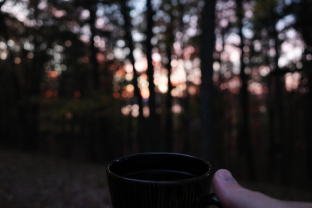 Cup of coffee in hand in woods