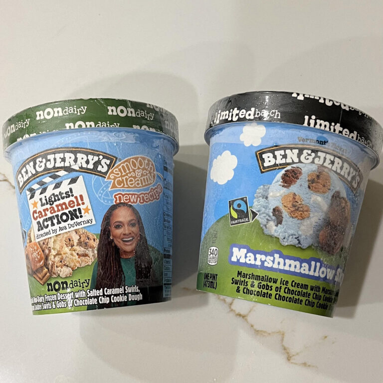 Ben and Jerry's "Lights Caramel Action" and "Marshmallow" flavored ice cream pints.