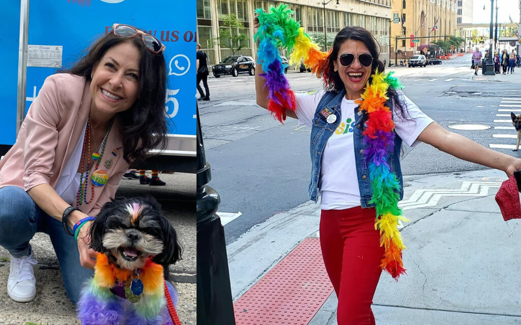 Left, Dana Nessel with dog in pride colors. Right, Rashida Tlaib with rainbow scarf at pride parade.