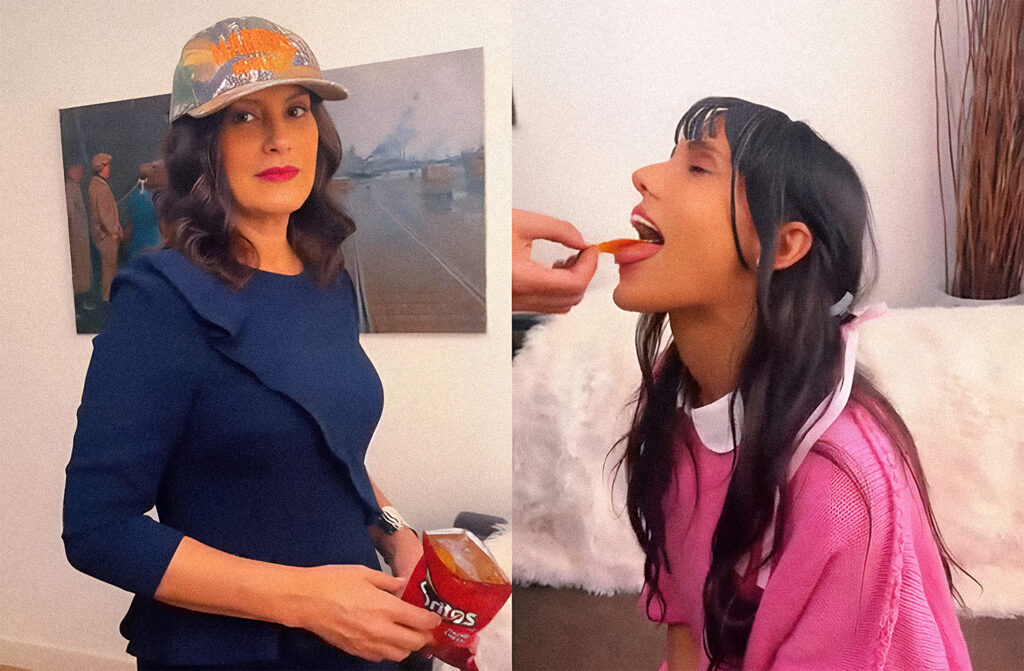 Gretchen Whitmer in camo Harris Walz hat with bag of doritos in left panel, girl on knees being fed dorito on right panel.