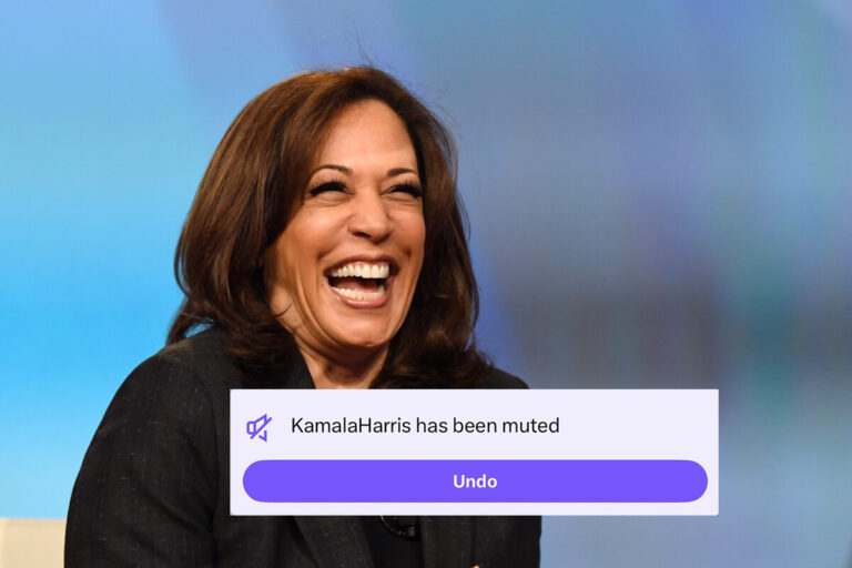 Kamala Harris laughing with screenshot of iOS notification showing "KamalaHarris has been muted"