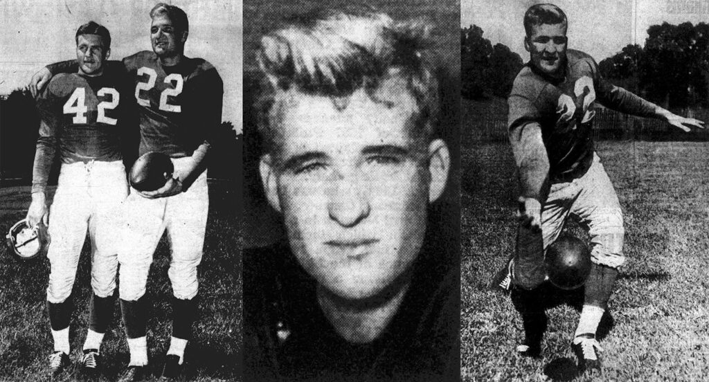 Three side by side black and white photographs of Bobby Layne, wearing number 22 for the Lions in 1951