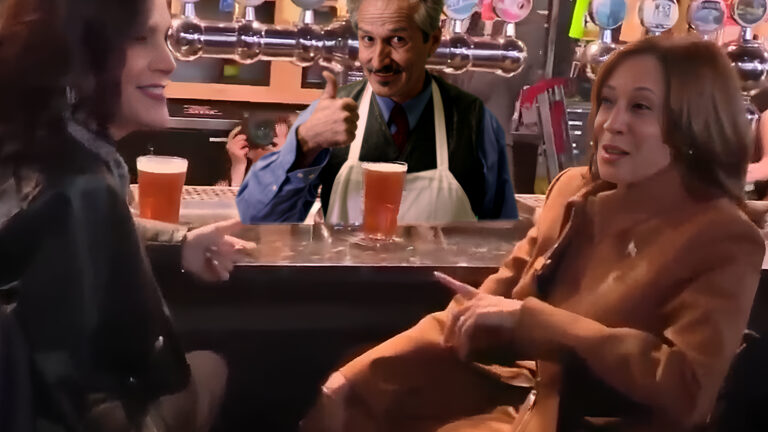 Charlie LeDuff photoshopped as bartender for Whitmer and Harris