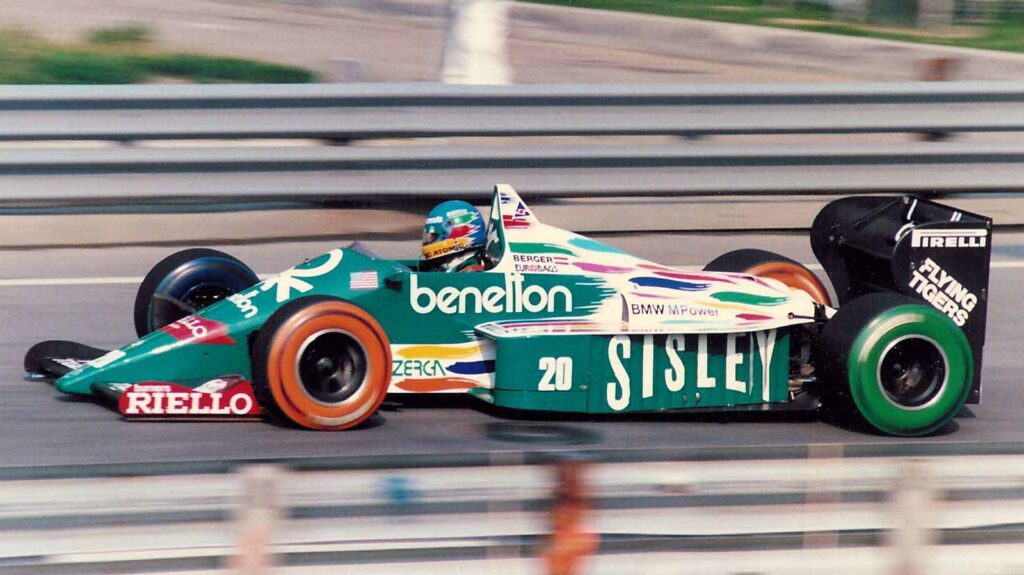 Gerhard Berger racing for Benetton at 1986 Detroit Grand Prix