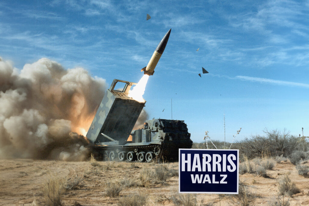 Missile launching with Harris Walz sign in foreground