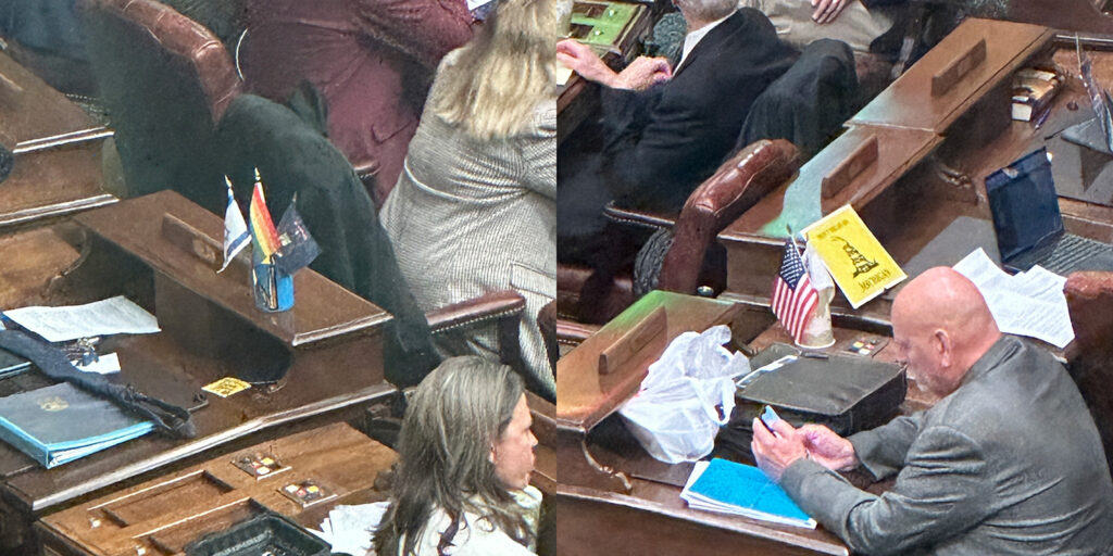 Israeli and Pride flags on one desk, American and Gadsden flags on other desk