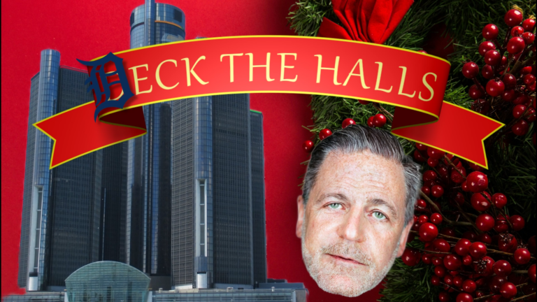 Gilbert's head photoshopped over Ren Cen with caption Deck the Halls