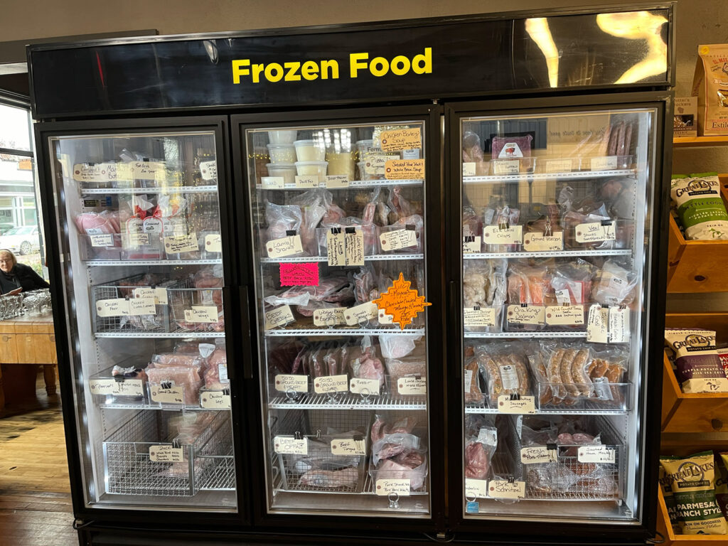 Frozen meat in display freezer