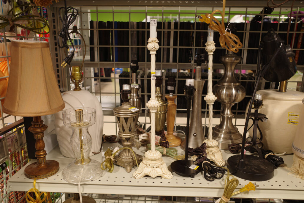 Selection of vintage lamps in thrift store