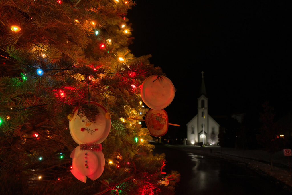 Christmas tree in downtown street lit up at night, ornament detail