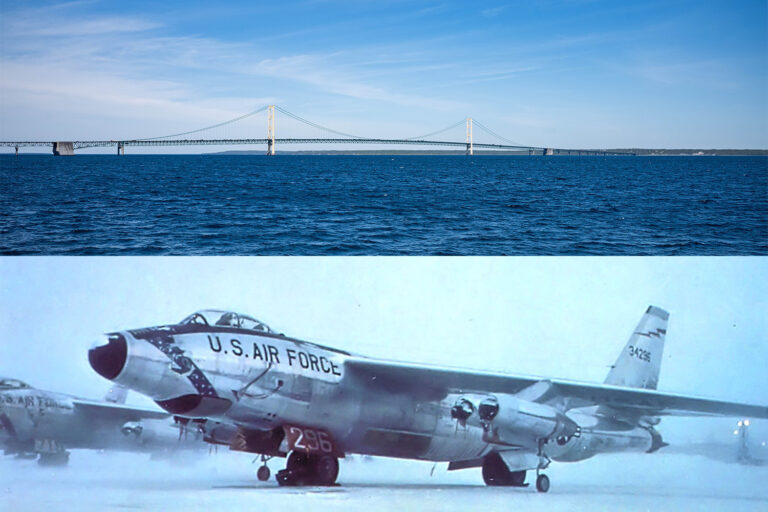 Top, Mackinac Bridge. Bottom, B47 Stratojet.