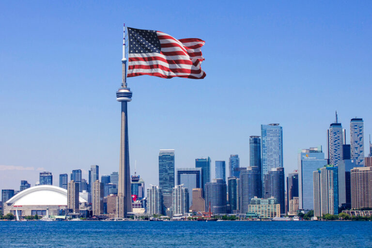 Giant American flag photoshopped hanging off the CN tower in Toronto