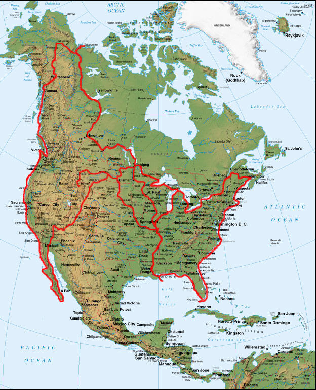 Map showing Kruger's routes across north america