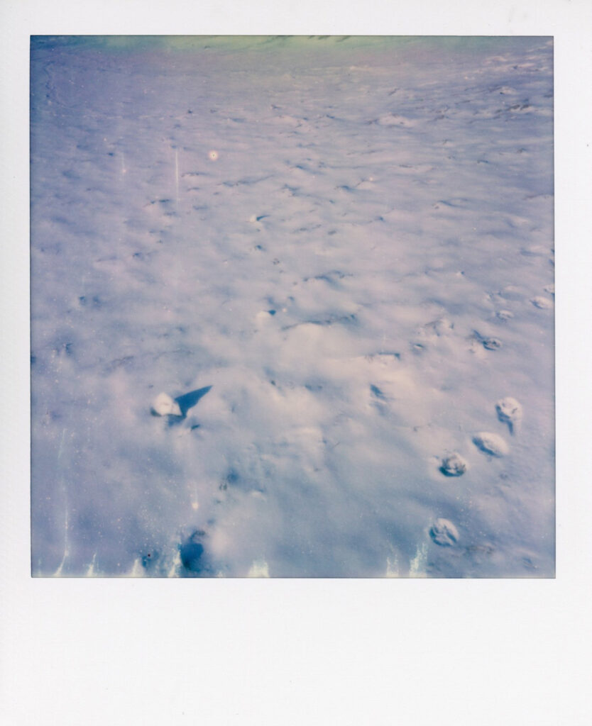 Snow on beach polaroid scan showing ice cracks with blue hue