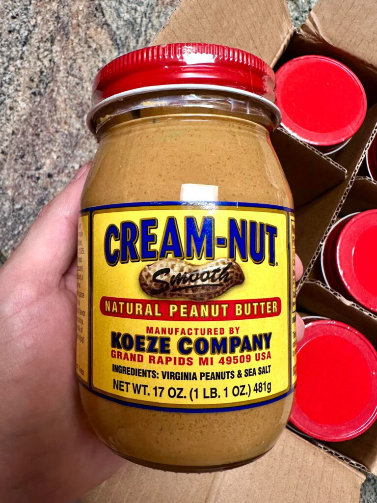 Koeze Cream Nut natural smooth peanut butter, manufactured by Koeze Comapny in Grand Rpapids MI with ingredients Virginia Peanuts and Sea salt